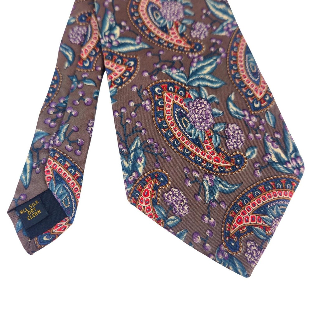 Vintqge Saddlebred Mens 100% Silk Tie Paisley Floral Brown Blue Red Classic